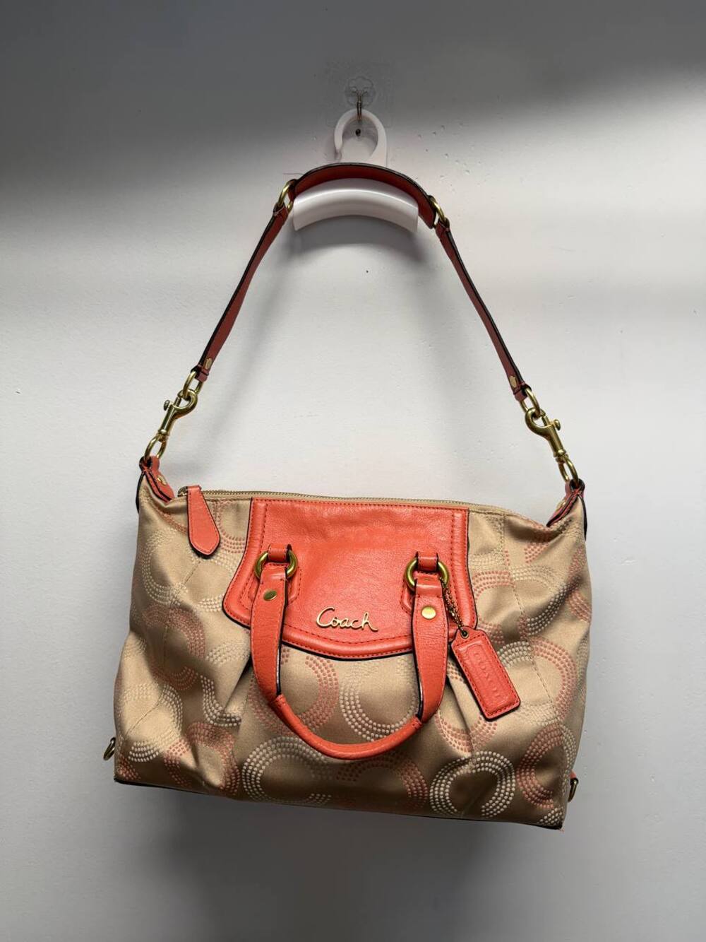 Coach Ashley Dotted Op Art Satchel in Khaki/Coral